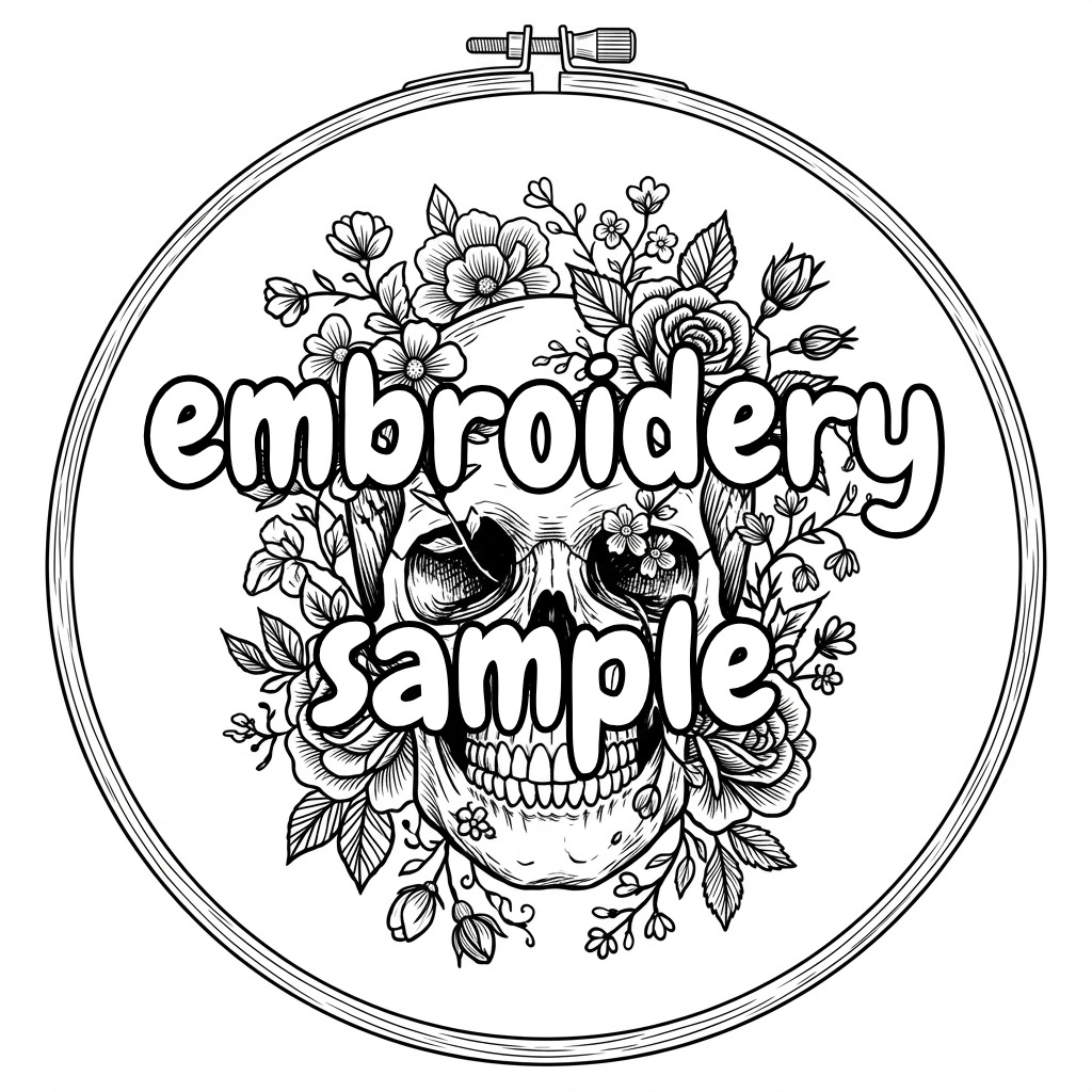 Gothic Skull and Red Roses Hand Embroidery Pattern — Black and Crimson Floral Hoop Art — outline pattern preview