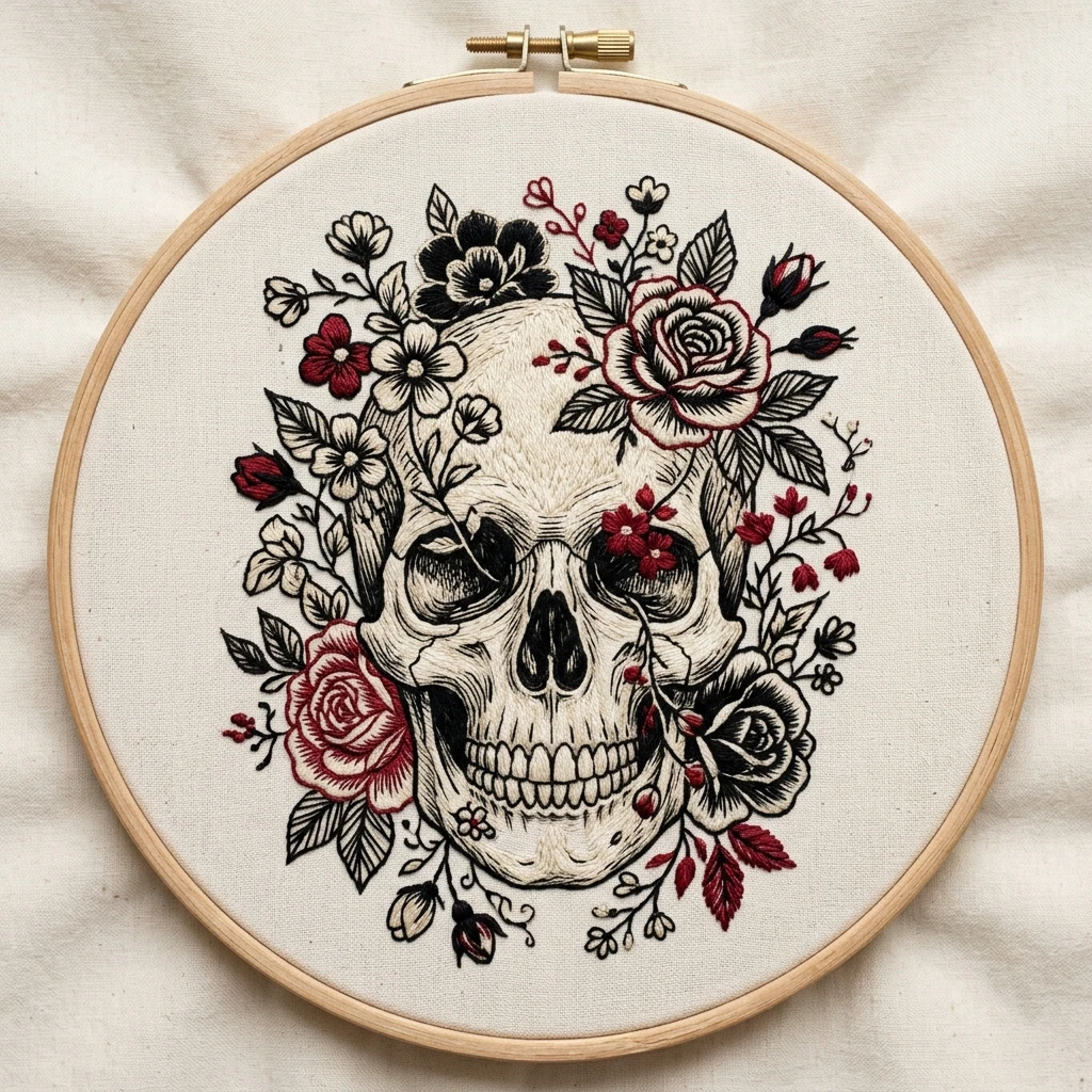 Gothic Skull and Red Roses Hand Embroidery Pattern — Black and Crimson Floral Hoop Art — colored embroidery reference